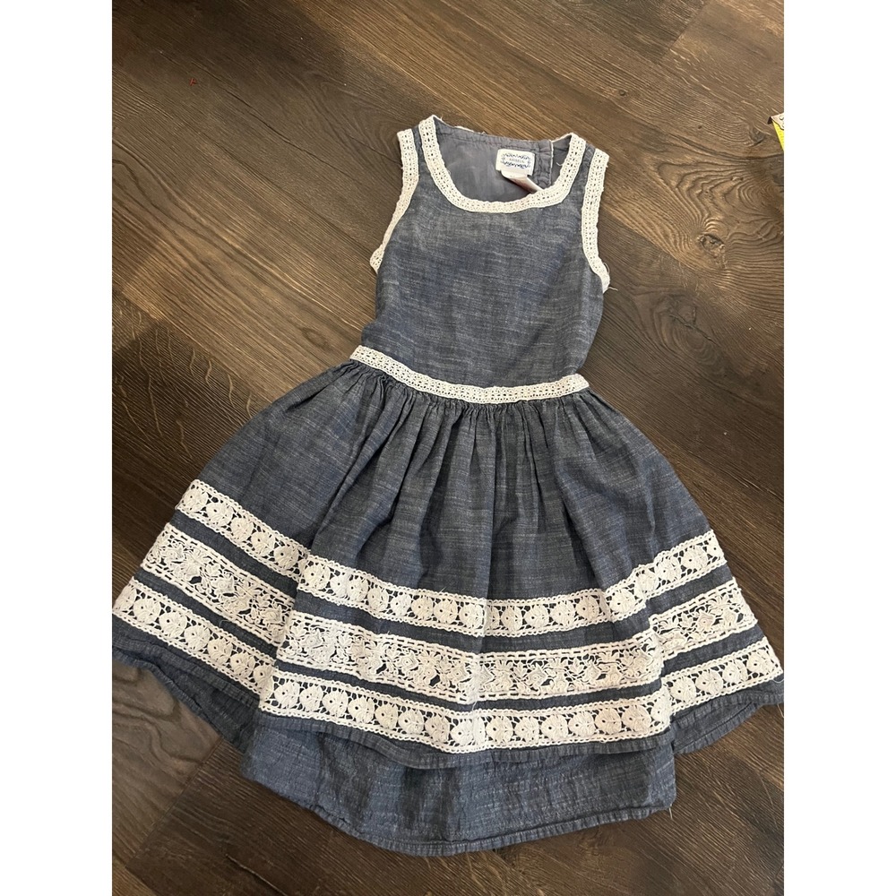 Kaisely Girls Blue Chambray Crochet Lace Open Back Dress Size 7 Sleeveless Boho